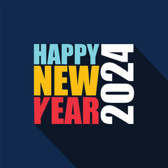 Colorful typography of happy new year 2024 with a long shadow. Happy new year text. New year 2024 vector typography design