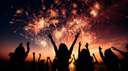 Celebrating New Year's Eve with a jubilant crowd, dazzling fireworks, and clinking champagne glasses