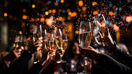Celebrating New Year's Eve with a jubilant crowd, dazzling fireworks, and clinking champagne glasses - obrazy, fototapety, plakaty