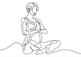 Pregnant Yoga Pose One Line Drawing. Pregnancy Female Sport Concept Minimalist Drawing. Yoga Meditation Line Art Modern Minimal Drawing Trendy Illustration Continuous Line Art.