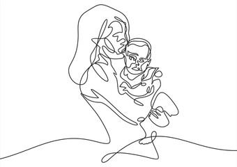 Abstract family continuous line art. Young mom hugging her baby child. Hand drawn illustration for Happy International Mother's Day card, loving family, parenthood childhood concept