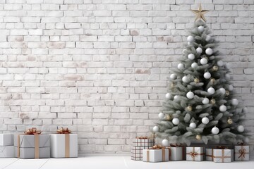 Christmas Tree And Gift Boxes Set Against White Brick Wall