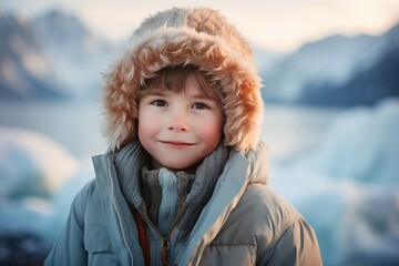 Bundled Child boy in warm winter clothes at village. Street fun. Generate AI