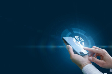 Scanning a fingerprint on a phone. - obrazy, fototapety, plakaty