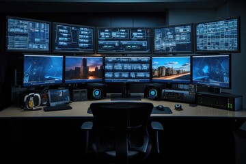 Naklejka premium Multi monitor cybersecurity analyst workstation monitoring system with multiple screens