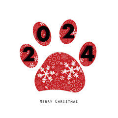 2024 paw print with snowflakes. Merry Christmas greeting card vector background - 665776760