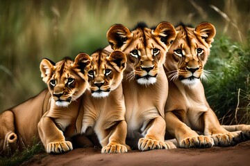 lion and lioness with cubs