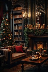 Fototapeta na wymiar Cosy living room decorated for Christmas. Winter holidays.