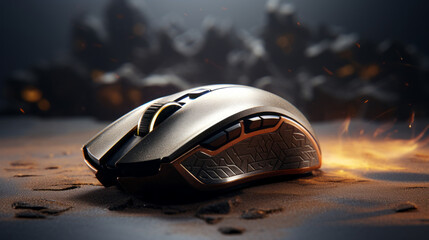 A metallic film of dust coats a large gaming mouse, its glossy black buttons clicking softly