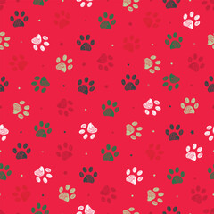 Christmas colored crimson cherry background colored paw prints seamless pattern