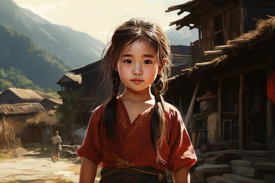 Traditional Chinese village girl. China travel scenery. Generate Ai