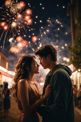 couple at night during the fireworks, a couple celebrates the new year together