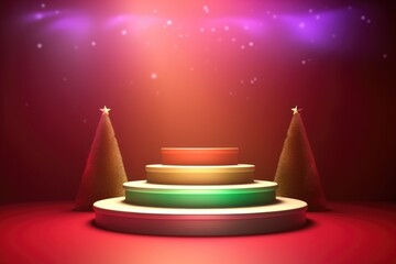 Obraz premium Merry Christmas banner with stage product display cylindrical shape and festive decoration for christmas, Minimal scene for mockup products, promotion display, 3D rendering product display platform.