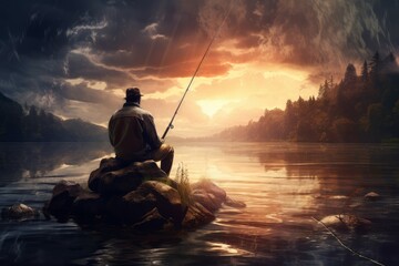 Fisherman man fishing rod. Sunset gear. Generate Ai