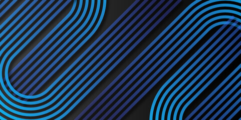 Blue Abstract glowing geometric lines on black background. Modern shiny blue gradient diagonal rounded lines pattern. Futuristic technology concept. Vector illustration. Suit for poster, cover, banner