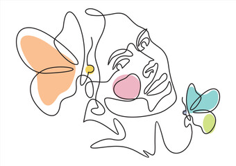 Beautiful woman vector logo design in simple minimal line art style. Female face on abstract geo shapes background. Pretty portrait with butterfly concept for beauty salon, makeup, cosmetology.