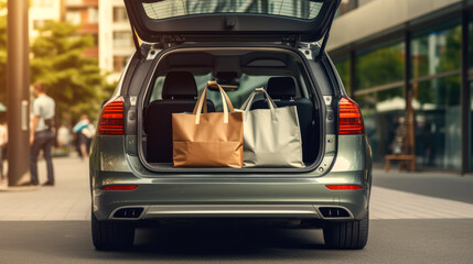 Naklejka premium Open trunk of car with paper bags full of food and drinks.