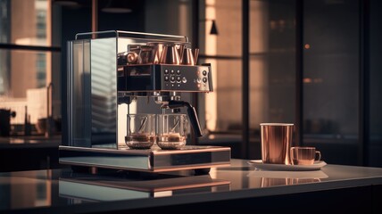 an Espresso machine in a modern kitchen setting, capturing its contemporary design and functionality.
