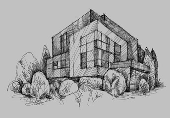 Architecture sketch of building, hand drawn architectectural sketch - obrazy, fototapety, plakaty