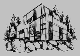 Architecture sketch of building, hand drawn architectectural sketch - obrazy, fototapety, plakaty