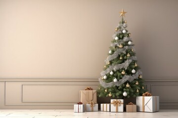 Living Room Graced With Decorated Wall, Christmas Tree, And Collection Of Gift Boxes