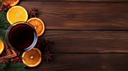 Christmas mulled red wine with spices and fruits on a wooden rustic table. Winter traditional hot drink. Top view, copy space.