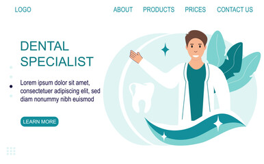 Dentist profession web banner or landing page.Idea of dental and oral care. Caries treatment.Мector illustration.