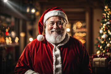 santa claus smiling with christmas tree in the background