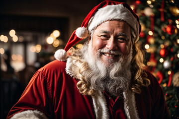santa claus smiling with christmas tree in the background