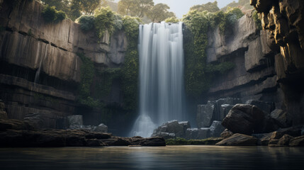 A majestic waterfall, cascading down a rocky cliffside into a tranquil pool 