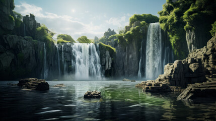 A majestic waterfall, cascading down a rocky cliffside into a tranquil pool 