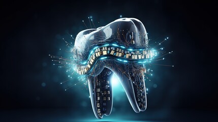 Modern tooth with advanced future technology healing and protection effects, futurity of dentistry - obrazy, fototapety, plakaty