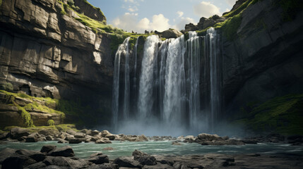 A majestic waterfall, cascading down a rocky cliffside into a tranquil pool 