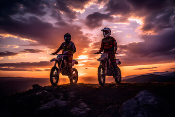 Bikers with their motocross bikes looking at atardecer.