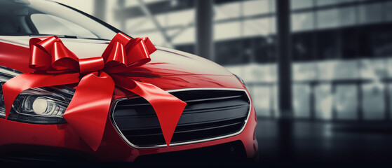 New car concept card with copy space. Auto tied with gift ribbon and bow. Auto dealership and rental. Red car with red ribbon tie on car top. Place for text, close up. Giving a car as a gift.  - obrazy, fototapety, plakaty