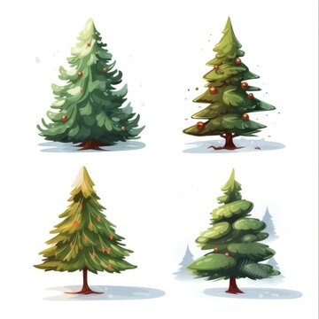 Christmas Tree Decorated. Set of 4 Cartoon-style Illustrated Trees, with Snow and Decorations. Isolated Icons.