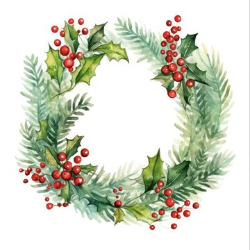 Christmas Watercolor Wreath. Festive Holiday Decor with Spruce, Holly Berries, and Mistletoe. Floral Chaplet for Jolly Christmas Decoration.