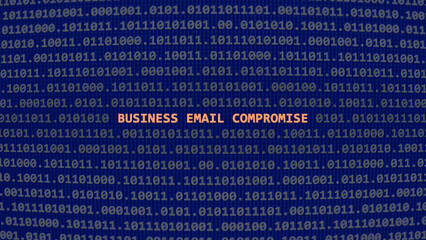 Cyber attack business email compromise. Vulnerability text in binary system ascii art style, code on editor screen. Text in English, English text
