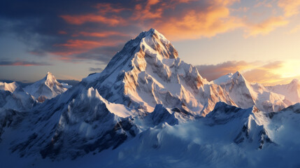 Fototapeta na wymiar A majestic, snow-covered mountain range, with the sun setting over it
