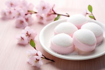 Japanese Mochi on Sakura Pink Background