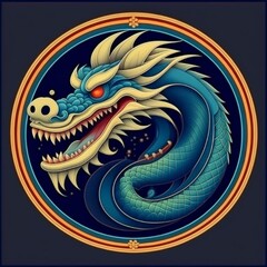 Chinese Year of the Dragon. Vintage artistic pattern depicting a realistic oriental dragon in a round frame on a blue background. Chinese symbol of 2024 new year. Illustration.