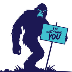 bigfoot silhouette holding "i'm watching you" sign isolated illustration 