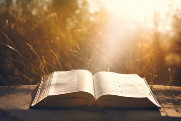 Bright sun light and bible book and the cross silhouette of the Holy Jesus Christ guiding the bright path.