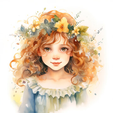 A  girl with flowers,
Illustration of a Red-Haired Girl with Flowers in Her Hair - Whimsical Image from a Children's Storybook, Evoking Innocence and Imagination