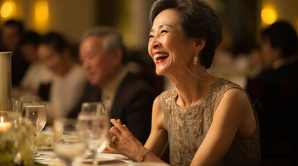 Gala's Grace Woman Applauding Amidst Soft Focus and Cinematic Ambiance at Dinner Party