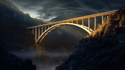 A majestic bridge spans a deep ravine, its towering span creating a beautiful silhouette against the night sky - obrazy, fototapety, plakaty