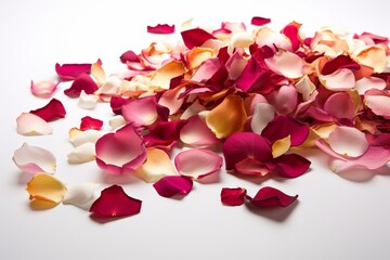 Vibrant rose petals gracefully scattered on a pristine white backdrop. Generative AI