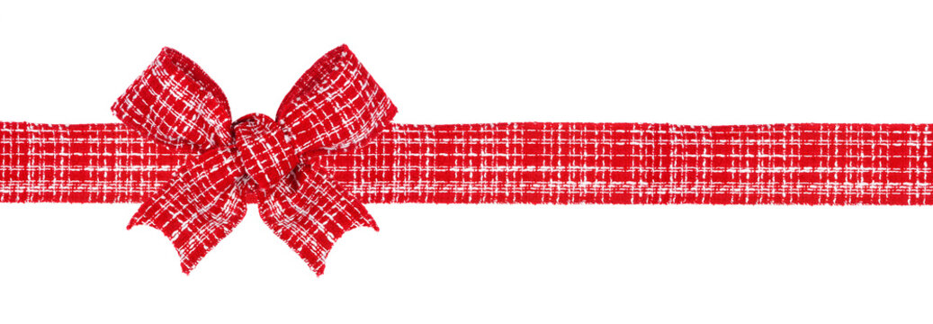 Red And White Cloth Christmas Gift Bow And Ribbon. Long Border Isolated On A White Background.