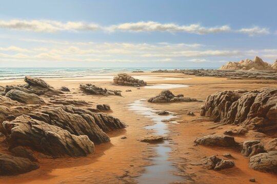 Lifelike ocean and sandy landscape made using advanced techniques. Generative AI