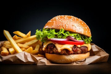 Tasty burger paper box with fries. Fast-food dinner. Generate Ai